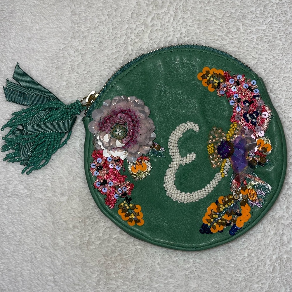 Anthropologie- Anna Harlow Russo + Anthropologie - Green Monogram Beaded Clutch.